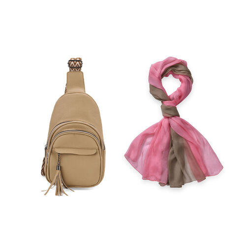 Beige PU Brusttasche und LA MAREY Ombre Chiffon Seiden Schal image number 0