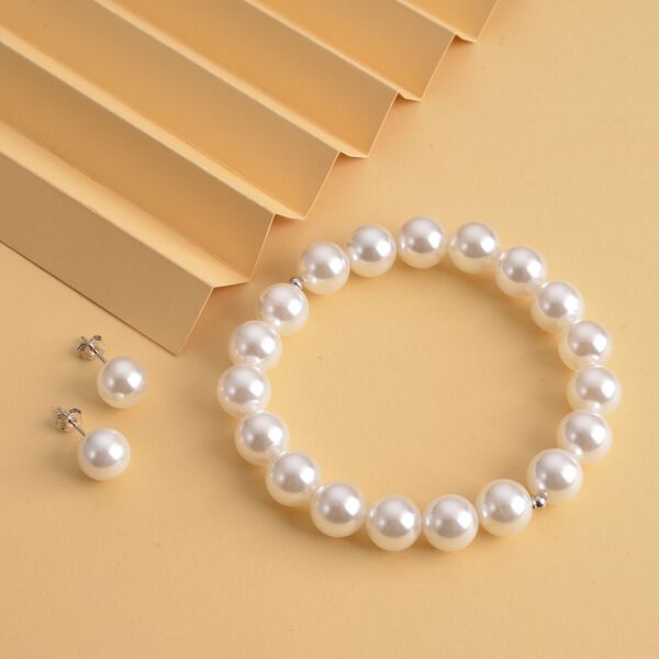 2er Set -Wei&szlig;es Muschelkernperlen-Armband und Ohrringe, (11-13mm), 925 Silber rhodiniert image number 1