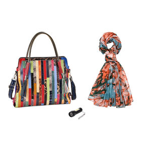 Chaos by Elsie Echtleder Crossbody Tasche im Streifenmuster mit RFID-Schutz und Mini-Taschenlampe und LA MAREY Schal aus 100% Maulbeerseide