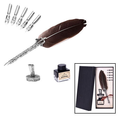 Feder Stift mit Ständer und schwarzer Tinte (15ml) und 6 verschiedenen Ersatzspitzen in Silberton, Braun image number 1