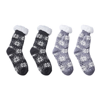 2er Set - 2 Paare Antislip Haus Socken mit Warmes Sherpa-Futter, Free Size, Schneeflocke