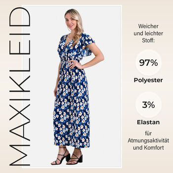 Gesmokter Maxikleid mit Volant&auml;rmeln, Blau und wei&szlig; mit Blumenmuster, Einheitsgr&ouml;&szlig;e