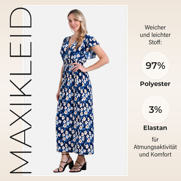 Gesmokter Maxikleid mit Volant&auml;rmeln, Blau und wei&szlig; mit Blumenmuster, Einheitsgr&ouml;&szlig;e image number 2