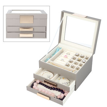 Schmuckschatulle aus Kunstleder mit Glasdeckel, Anti-Anlauf-Futter, Grau