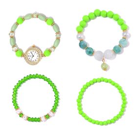 4er Set STRADA - Uhr mit Grün Kristall Armbänder