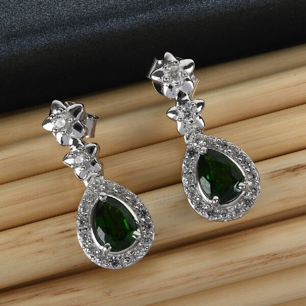 Chrom Diopside und Zirkon Halo Tropfen Ohrhänger 925 Silber Platin-Überzug 2.1 (Größe 20.00) ca. 2,14 ct  image number 2