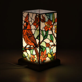 LED Lampe mit rotem Vogel-Design, Eschenholz und Acryl, USB Anschluss, Mehrfarbig