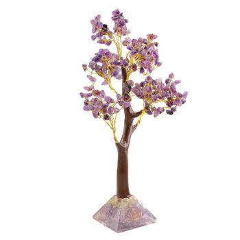 LIVMORE Edelsteinbaum mit Orgonit Basis, Amethyst, Sieben Chakren, 23cm, 230 Perlen, Lila