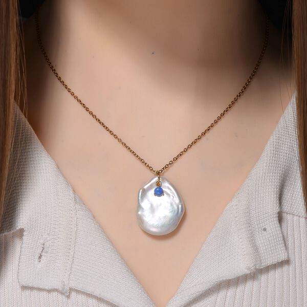 Weiße Keshi Perle, Blauer Opal Anhänger mit Kette, Messing, Reiner Edelstahl, vergoldet image number 2