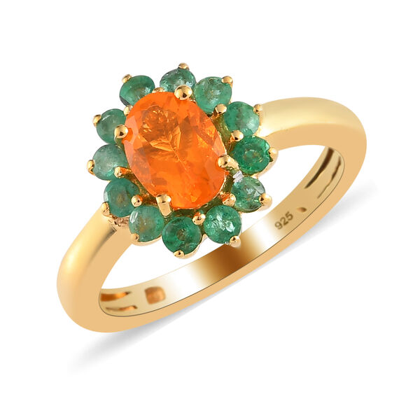 Salamanca Feueropal und sambischer Smaragd-Halo Ring, 925 Silber vergoldet  ca. 1,00 ct image number 4