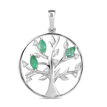 Kagem Sambischer Smaragd, Wei&szlig;er Zirkon Anh&auml;nger 925 Silber platiniert ca. 0.51 ct