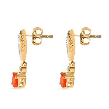 Blaze Feuer Opal, Wei&szlig;er Zirkon Ohrringe 925 Silber 750 Gelb Vergoldet ca. 0.60 ct