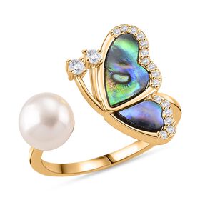 Weiße Süßwasser Perle, Weißer Zirkonia Ring Flexibles (Größe 17.00-18.00), Nickelfreies Messing gelb vergoldet