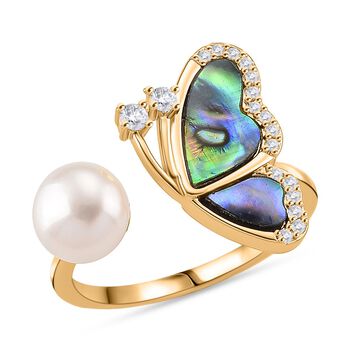 Wei&szlig;e S&uuml;&szlig;wasser Perle, Wei&szlig;er Zirkonia Ring Flexibles (Gr&ouml;&szlig;e 17.00-18.00), Nickelfreies Messing gelb vergoldet