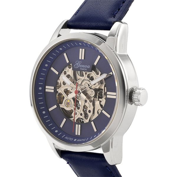 GENOA TIME V2 Automatikuhr mit mechanischem Automatikwerk, Zifferblatt Blau mit Sonnenschliff und offenem Design, Lederarmband Blau, 3 ATM wasserdicht image number 3