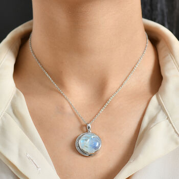 D'Joy AAA Regenbogen Mondstein und Zirkon Anh&auml;nger mit 50cm Kette - 20,29 ct.