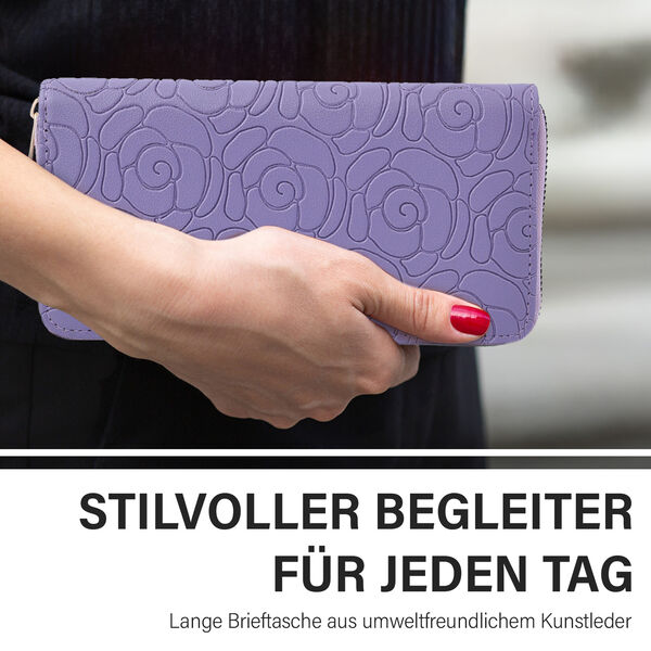 Lange Brieftasche aus naturfreundlichem Kunstleder, 19x2.5x10cm, florales Muster, lila image number 1