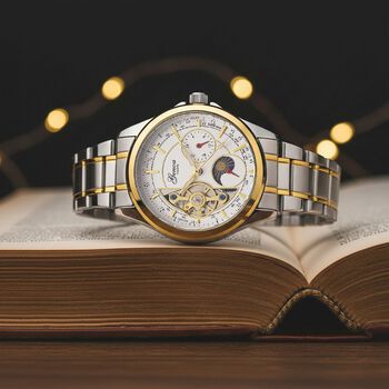 GENOA TIME V2 - Automatik-Armbanduhr, Mechanisches Uhrwerk, Edelstahlarmband, bicolor, Wei&szlig;es Zifferblatt, 36 mm