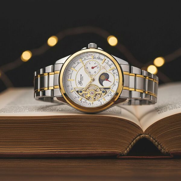 GENOA TIME V2 - Automatik-Armbanduhr, Mechanisches Uhrwerk, Edelstahlarmband, bicolor, Wei&szlig;es Zifferblatt, 36 mm image number 2