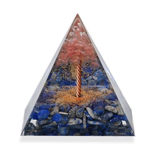 Energie Edelstein Pyramide mit Rosenquarz Lebensbaum und Kyanit Lagune, 6x6x6 cm