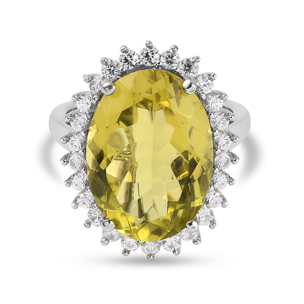 Ouro Verde-Quarz und Zirkon Halo Ring 925 Silber platiniert  ca. 12,33 ct