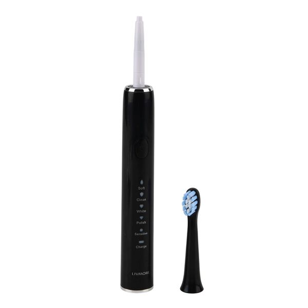 LIVMORE Sonic elektrische Zahnb&uuml;rste mit 3 Zahnb&uuml;rstenk&ouml;pfen und 1 Silikon-Zungenb&uuml;rstenkopf, 24,5x2,5cm, Schwarz image number 6
