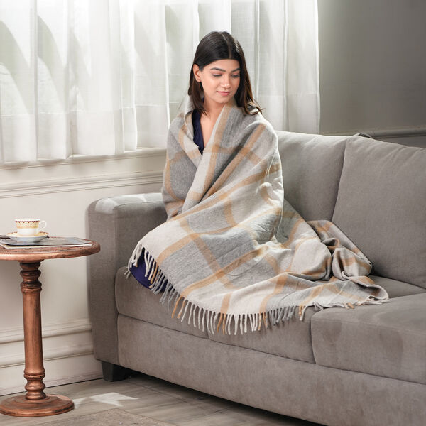 Wolldecke mit Fransen, 130x170, Schottenmuster, Grau image number 2