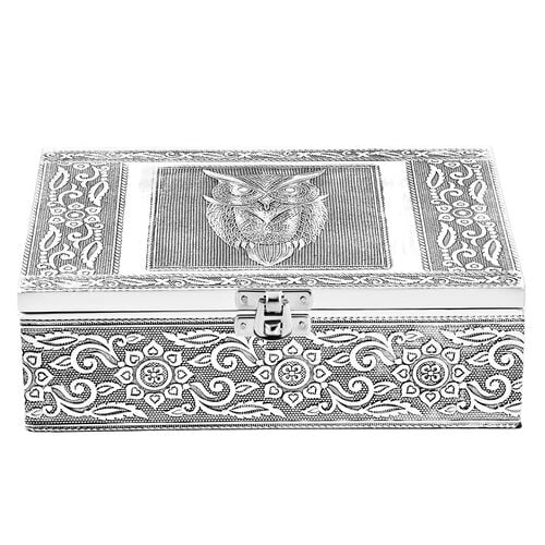 2er-Set – Oxidierte 20x13,5x7cm Aluminium-Schmuckbox und 16x9,5x3,8cm Perlen-Box, Eulen-Prägung, Silber und Multi image number 1