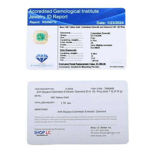 Iliana AAA Kolumbianischer Smaragd, Wei&szlig;er Diamant SI Ring, AGI zertifiziert und gepr&uuml;ft, 750 Gold (Gr&ouml;&szlig;e 19.00) ca. 1,00 ct image number 7