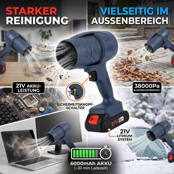 "Powerful dryer                                        Blowing dust, blowing snow, blowing leaves                                      Rated voltage :21v Blow speed: 38000pa Motor power :300W Switch method: Safety button Switch interface type :DC Power su