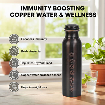 2er-Set - LIVMORE Kupfer-Trinkflasche mit 7-Chakra-Gravur (ca. 900 ml) und Armband mit Chakra-Perlen aus Edelsteinen - Schwarz