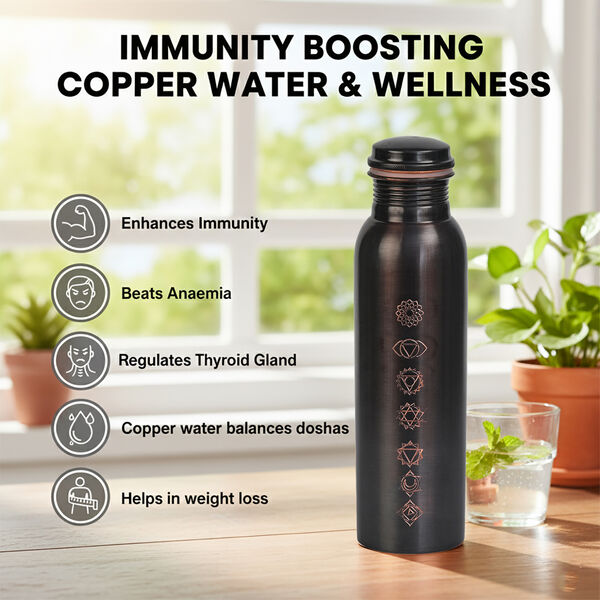 2er-Set - LIVMORE Kupfer-Trinkflasche mit 7-Chakra-Gravur (ca. 900 ml) und Armband mit Chakra-Perlen aus Edelsteinen - Schwarz image number 3