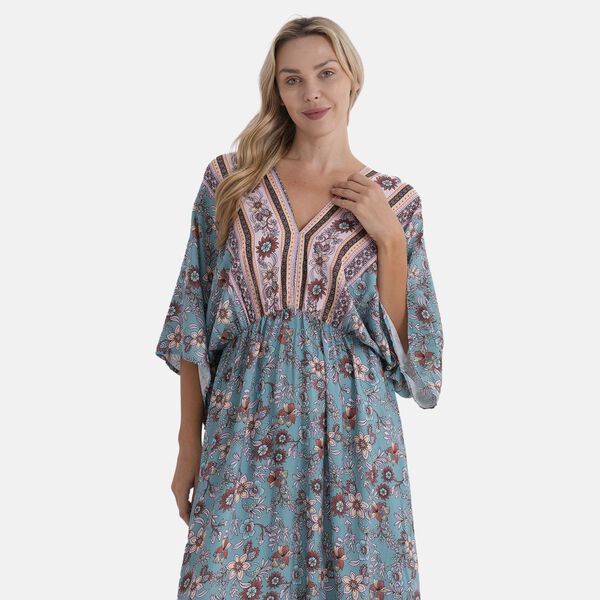 " 1.100% Viscosse Plain Weave 2. Placement Print 3. Elastic Waist 4. Kimono Style Sleeves 5. Teired Hem 6. Back Tie ClosureMaterial :100% viscosebust 38CM*length 135CM bust(EXTENDED)62CM Weight:320g Color:blue  base with print " image number 5