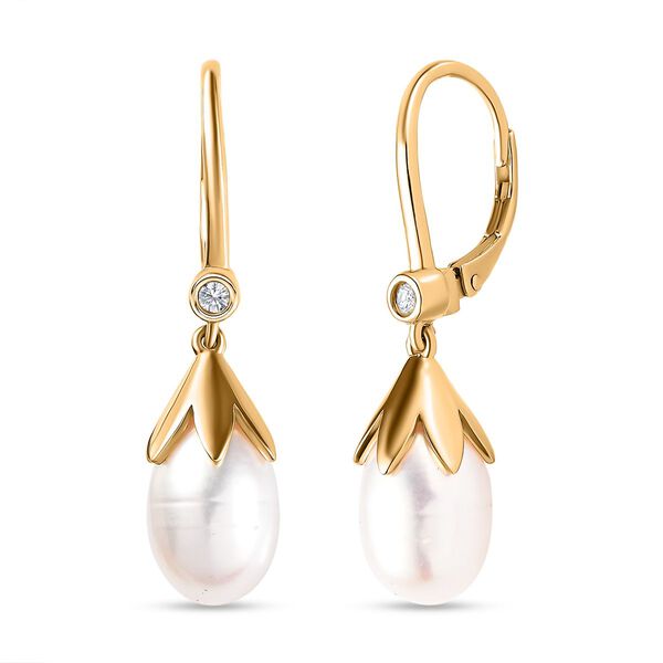 S&uuml;&szlig;wasser Perle, Wei&szlig;er Zirkon Ohrringe 925 Silber Gelbgold Vermeil ca. 0,10 ct.