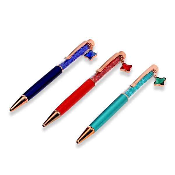 "Set of 3 artificial Ballpoint Pen material:Aluminum alloy +Plastic,   Color: Peacock blue,bright red,transparent blue black ink Pen barrel without carve  The box is printed with the logo" image number 4