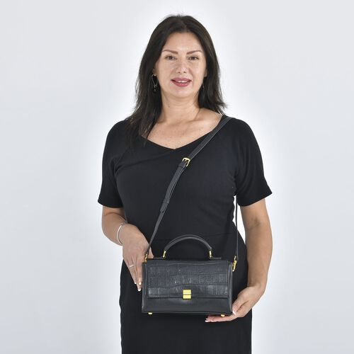Cabrio Handtasche mit Krokoprägung aus echtem Leder, 25x8x15 cm, Schwarz image number 1