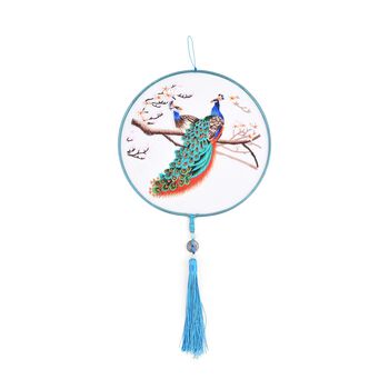 LIVMORE - Handstickerei-Wanddekoration aus 100% Seide mit Jade-Quaste, 20 cm, Pfau-Motiv