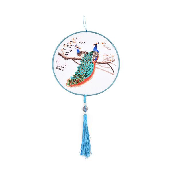"Brand:LIVMORE Double-sided embroidery Silk wall decoration with  Jade tassel- Round shape                                                                                                               Size Dia: 20cm Pattern: Green Peacock Package:Gift Box image number 3
