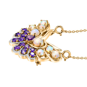 GP - AA Afrikanischer Amethyst, Nat&uuml;rlicher, &auml;thiopischer Welo Opal Halskette ca. 45 cm 925 Silber Rhodiniert und 750 Gelbgold Vermeil ca. 5,67 ct.