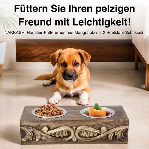 NAKKASHI handgeschnitzter Futternapf aus Mangoholz mit Edelstahl-Schüsseln, dunkelbraun image number 1