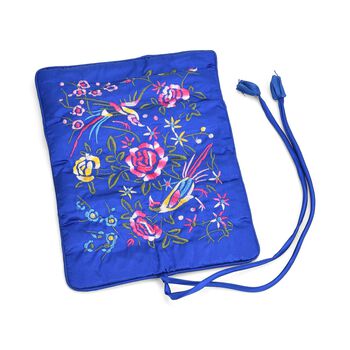 Reise-Schmuckrolle mit Stickmuster 1 Organizer + 5 Silberputzt&uuml;cher, Satin,  Blau