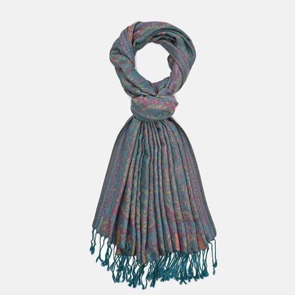 Jacquard Paisley-Schal mit Fransen, 170cm x 75cm, T&uuml;rkis image number 4