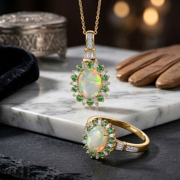AA &auml;thiopischer Welo Opal Tsavorit Granat und Moissanit Ring und Anh&auml;nger mit 50cm Kette image number 2