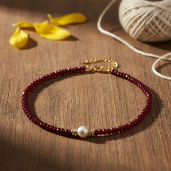 Muschelkernperle, rote Quarzit und wei&szlig;e Kristall 40,5+10cm Halskette