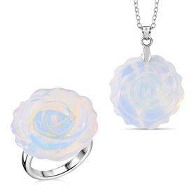 2er Set - Handgeschnitzter Opalite Anhänger mit Kette und Ring (Größe 16.00), silberfarben, ca. 30.00 ct