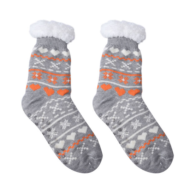 2er-Set - Rutschfeste Haussocken mit Sherpafutter, Einheitsgröße, Pfirsich-Weiß-Rot und Grau-Orange-Weiß image number 2