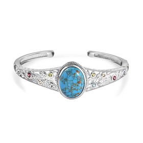 Blaues Türkis, Roter Granat Armreif ca. 19 cm Reines Messing platiniert ca. 16,08 ct.