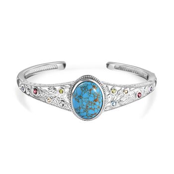 Blaues T&uuml;rkis, Roter Granat Armreif ca. 19 cm Reines Messing platiniert ca. 16,08 ct.