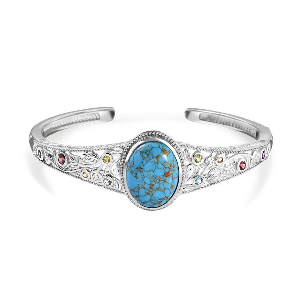 Blaues T&uuml;rkis, Roter Granat Armreif ca. 19 cm Reines Messing platiniert ca. 16,08 ct.