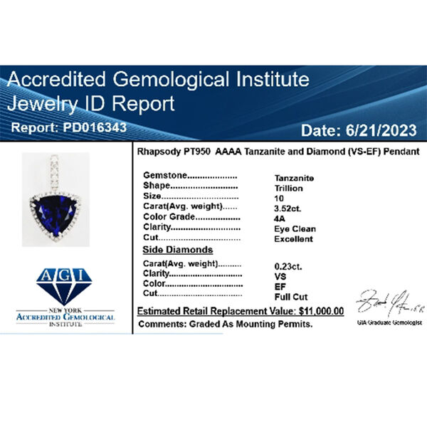 RHAPSODY AAAA zertifiziert und gepr&uuml;ft Tansanit und VS-EF Diamant Anh&auml;nger in 950 Platin - 3,75 ct. image number 8